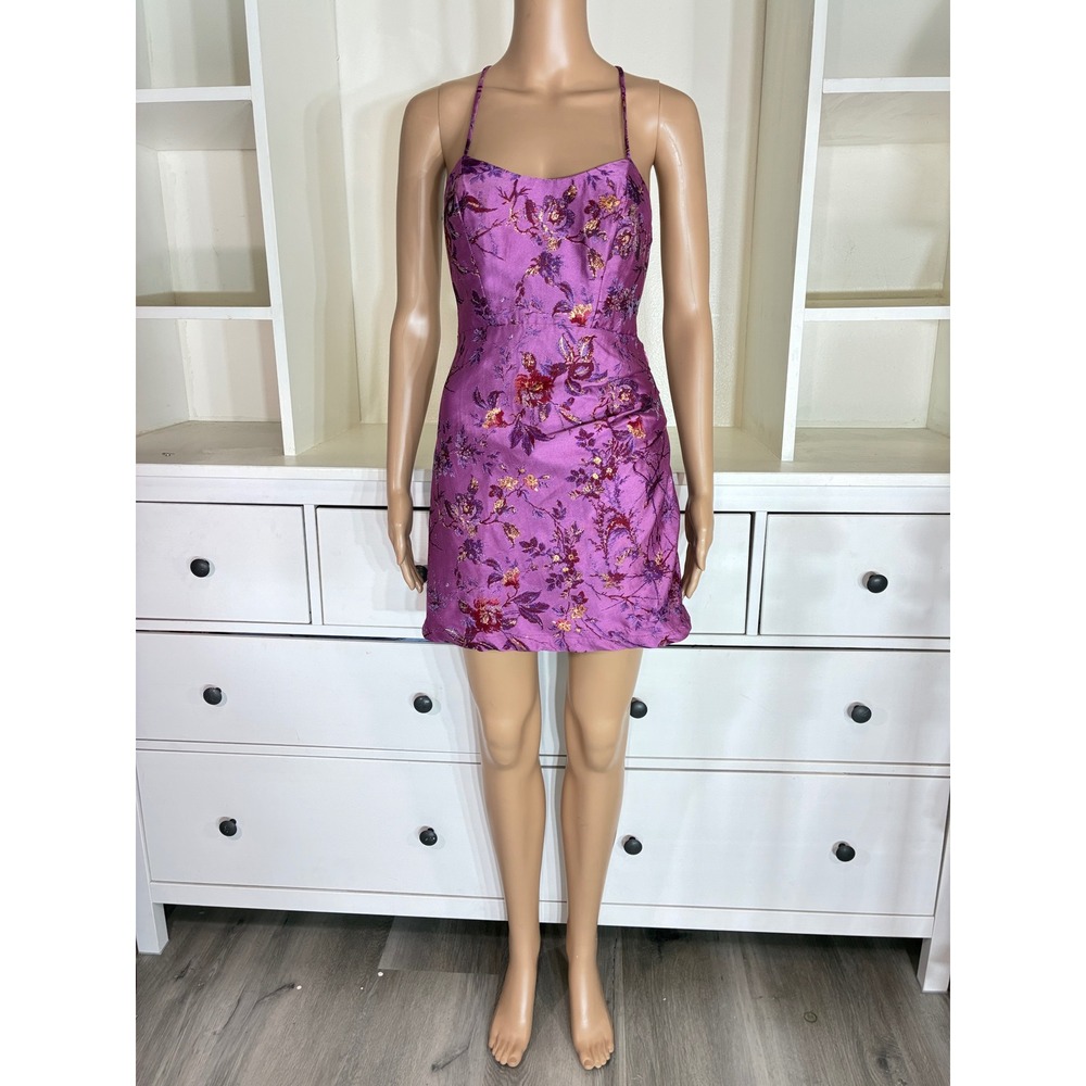 Urban Outfitters Mini Dress Womens Small Purple Floral Brocade Open Back Strappy